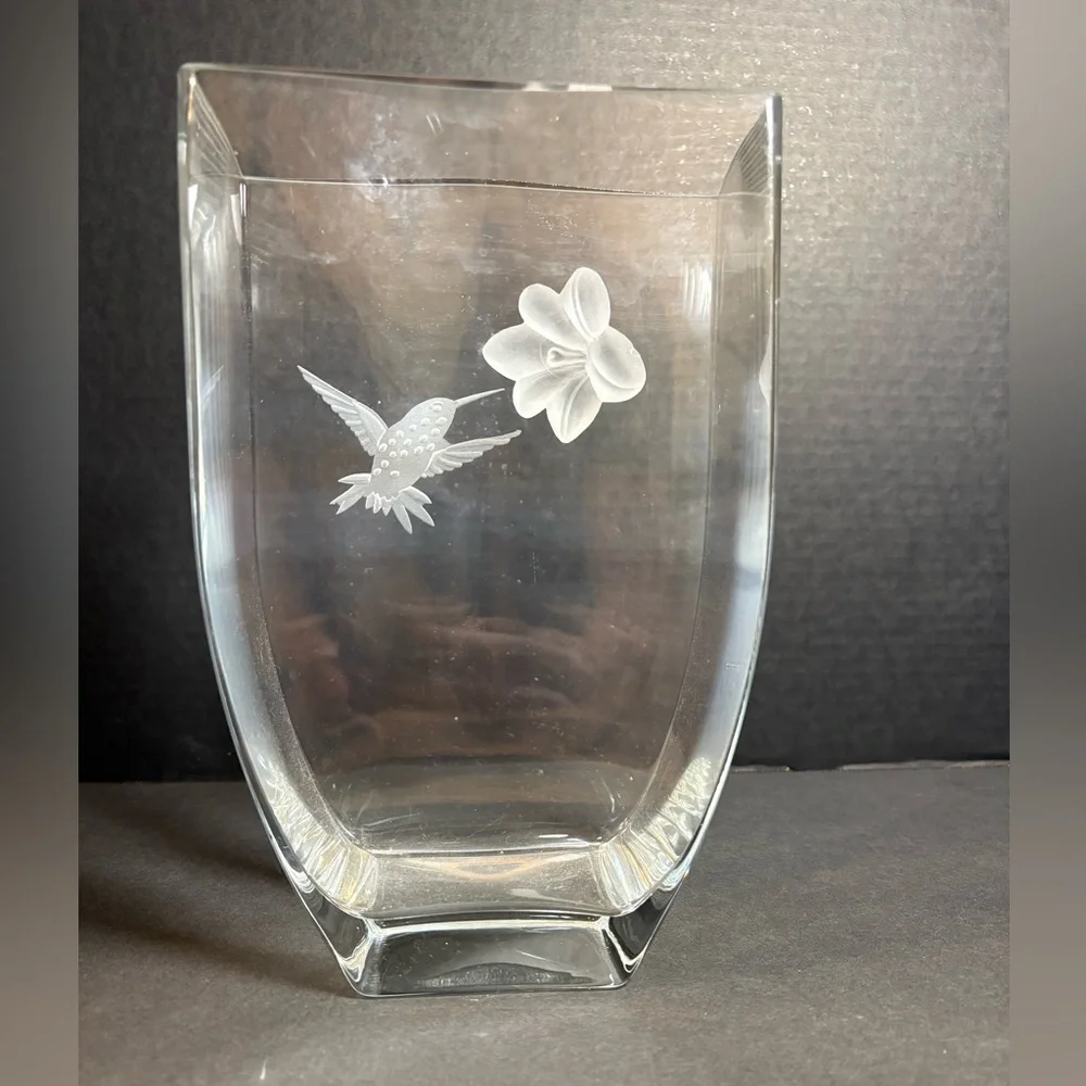 Mikasa Crystal Summer Nectar vase etched hummingbird 3D frosted crystal flower